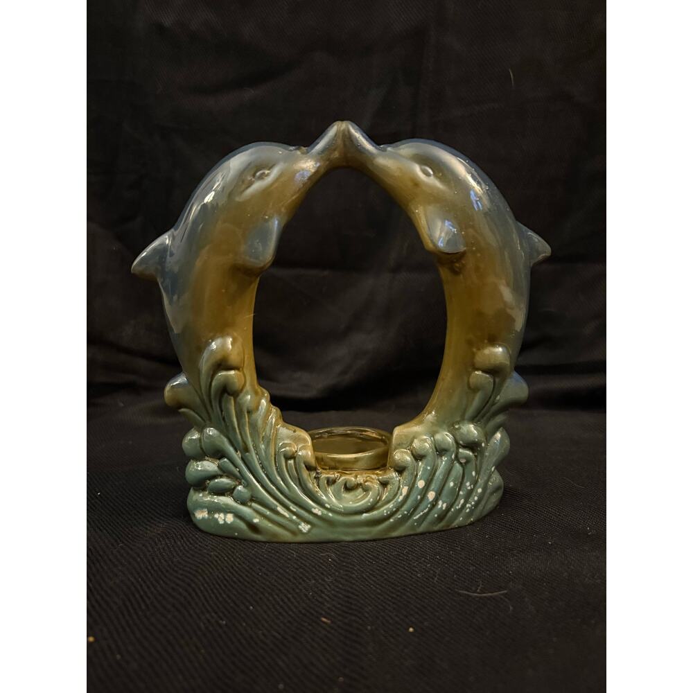 Double Dolphin Ceramic Tea Light Holder Kissing Dolphins or Fish tank Decor